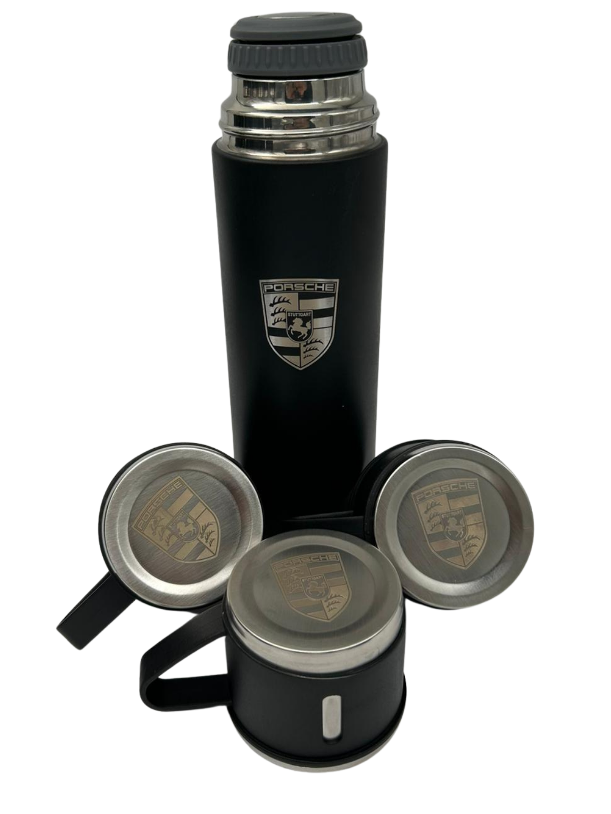 Porsche Inspired Premium Thermos Set – 500 ml Edelstahl Isolierflasche mit 3 Bechern – Lasergraviertes Design – Reise & Picknick