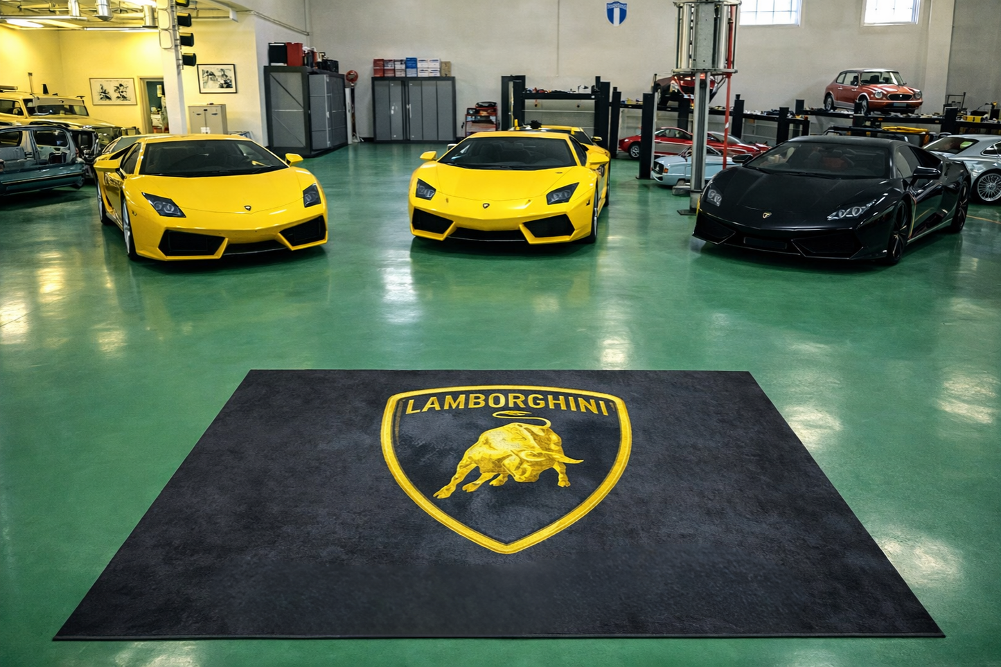 Lamborghini Garagen Teppich 150×220 cm  Luxus Auto Teppich für Garage, Wohnzimmer & Showroom