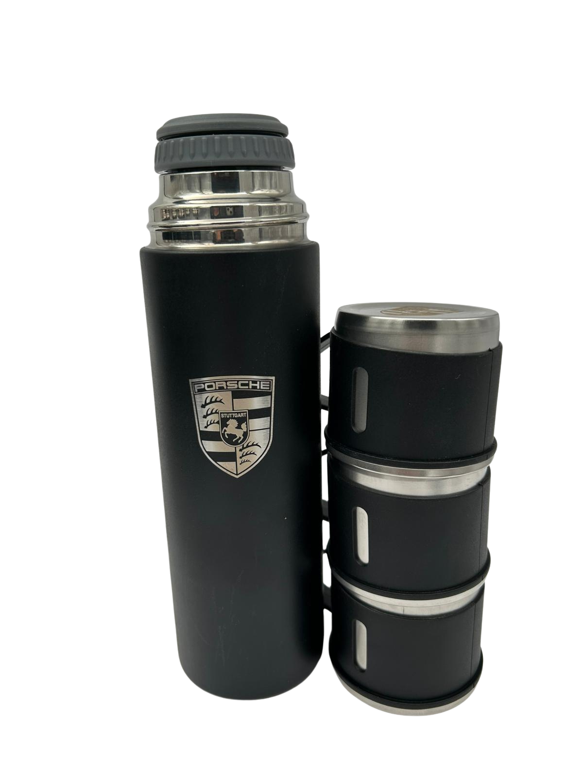 Porsche Inspired Premium Thermos Set – 500 ml Edelstahl Isolierflasche mit 3 Bechern – Lasergraviertes Design – Reise & Picknick