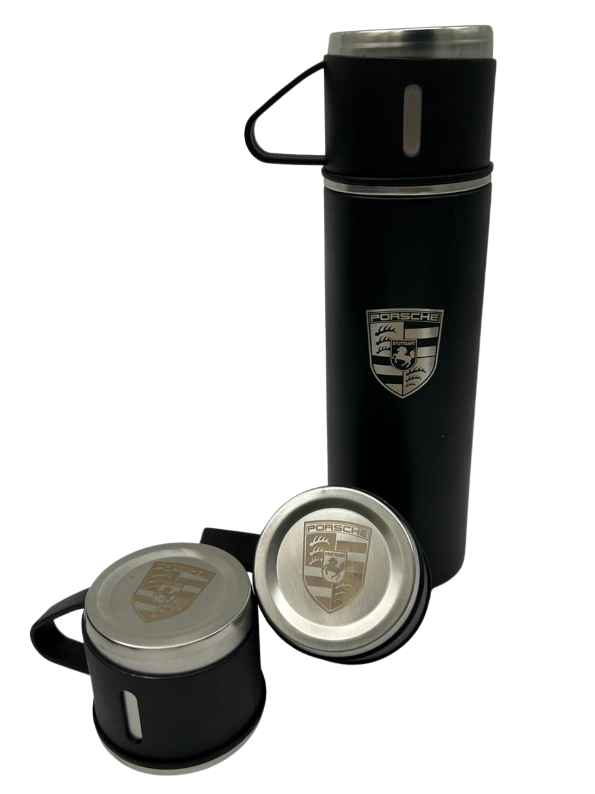 Porsche Inspired Premium Thermos Set – 500 ml Edelstahl Isolierflasche mit 3 Bechern – Lasergraviertes Design – Reise & Picknick