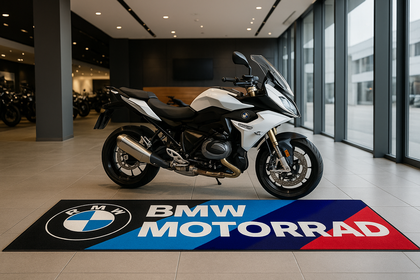 BMW Motorrad Garagen Teppich 75x220 cm (32x87 Zoll) – Premium Showroom Teppich & Wanddeko Racing Design