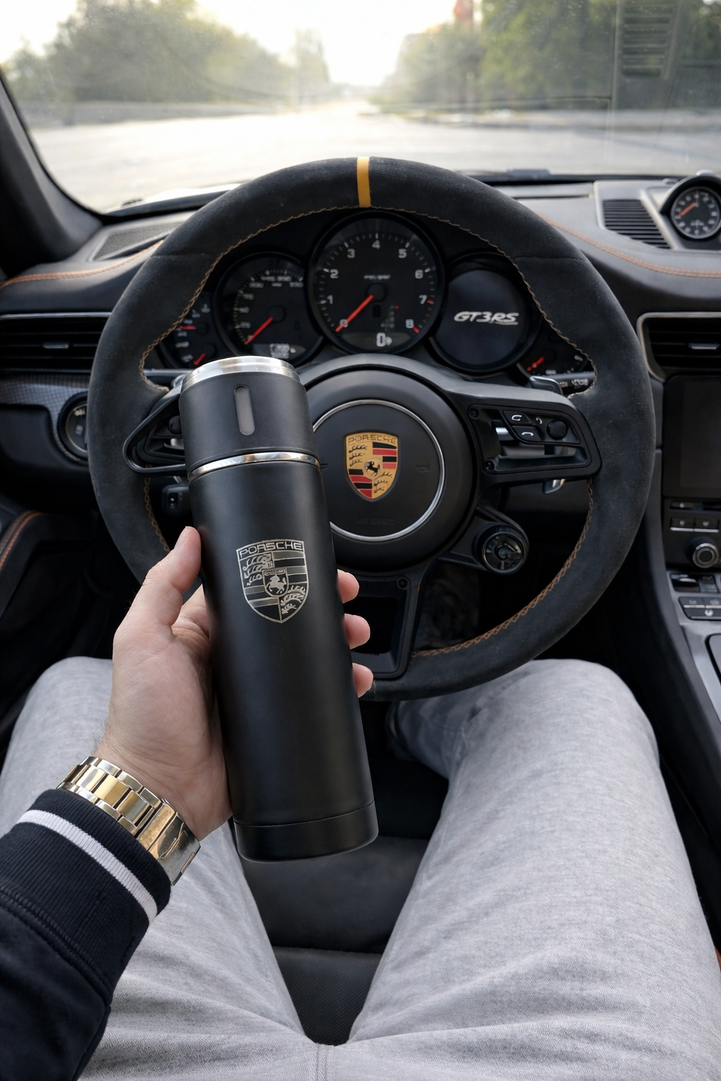 Porsche Inspired Premium Thermos Set – 500 ml Edelstahl Isolierflasche mit 3 Bechern – Lasergraviertes Design – Reise & Picknick