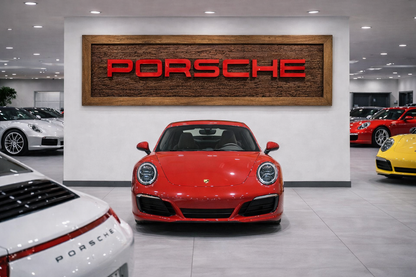 Handgeschnitzte Porsche Wanddekoration aus Massivholz – Luxus Garage Wall Art (150 × 70 cm)