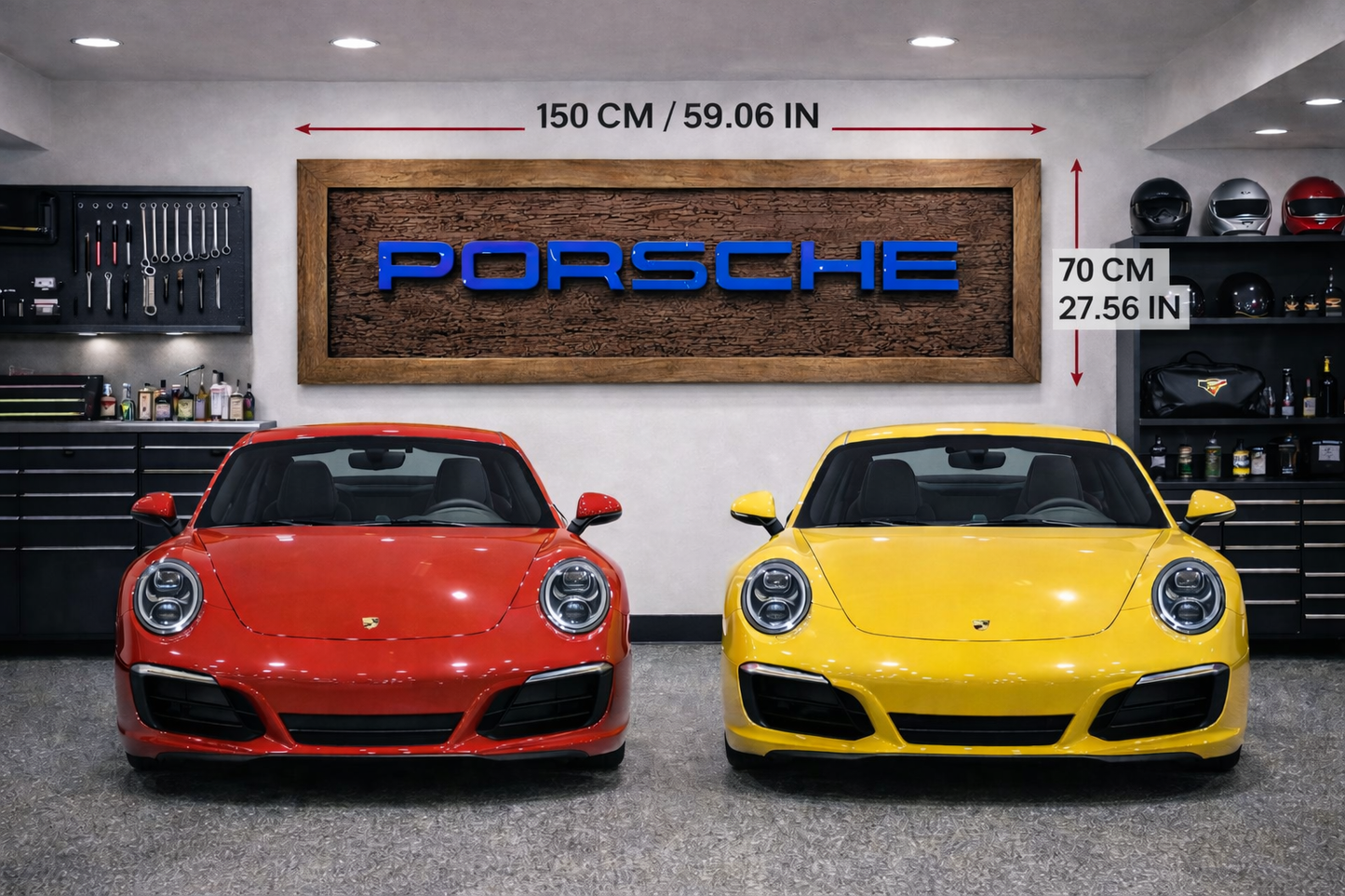 Handgeschnitzte Porsche Wanddekoration aus Massivholz – Luxus Garage Wall Art (150 × 70 cm)