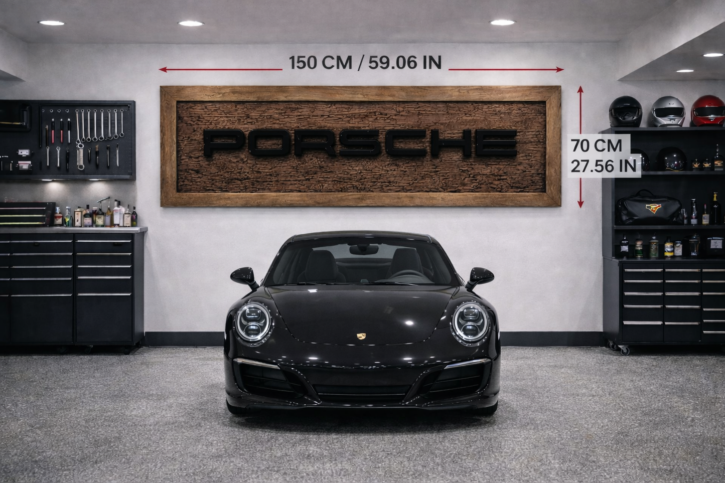 Handgeschnitzte Porsche Wanddekoration aus Massivholz – Luxus Garage Wall Art (150 × 70 cm)