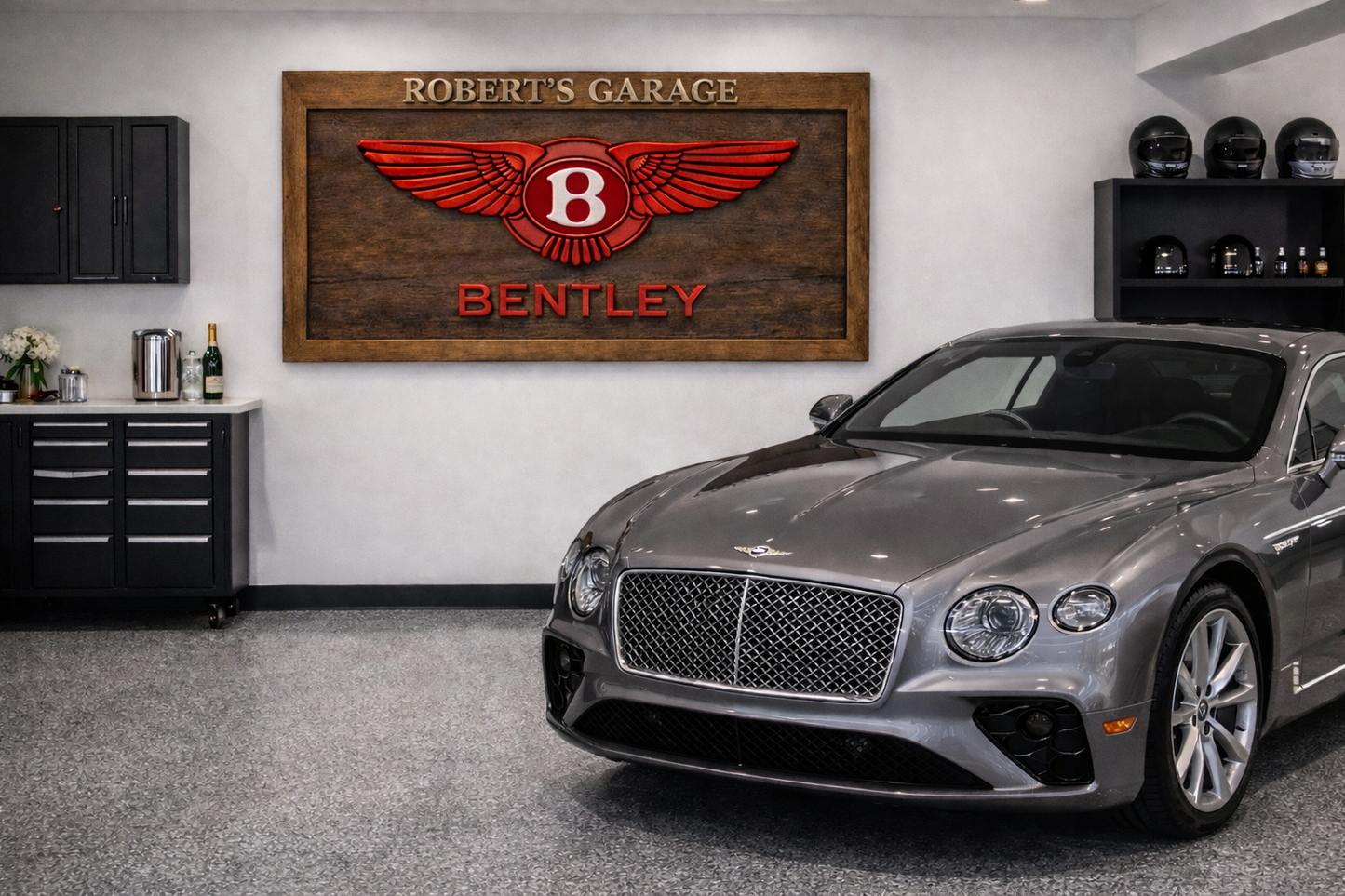 Handgeschnitzte Bentley Wanddekoration aus Massivholz – Luxus Garage Wall Art (150 × 70 cm)