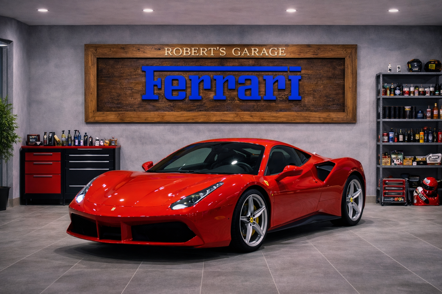 Handgeschnitzte Ferrari Wanddekoration aus Massivholz – Luxus Garage Wall Art (150 × 70 cm)