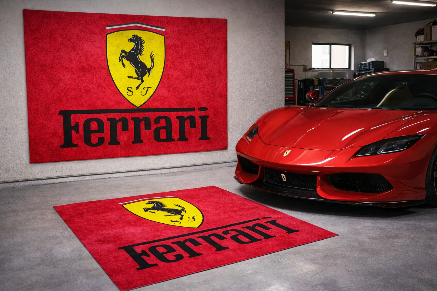 Ferrari Garagen Teppich 150×220 cm  Luxus Auto Teppich für Garage, Wohnzimmer & Showroom