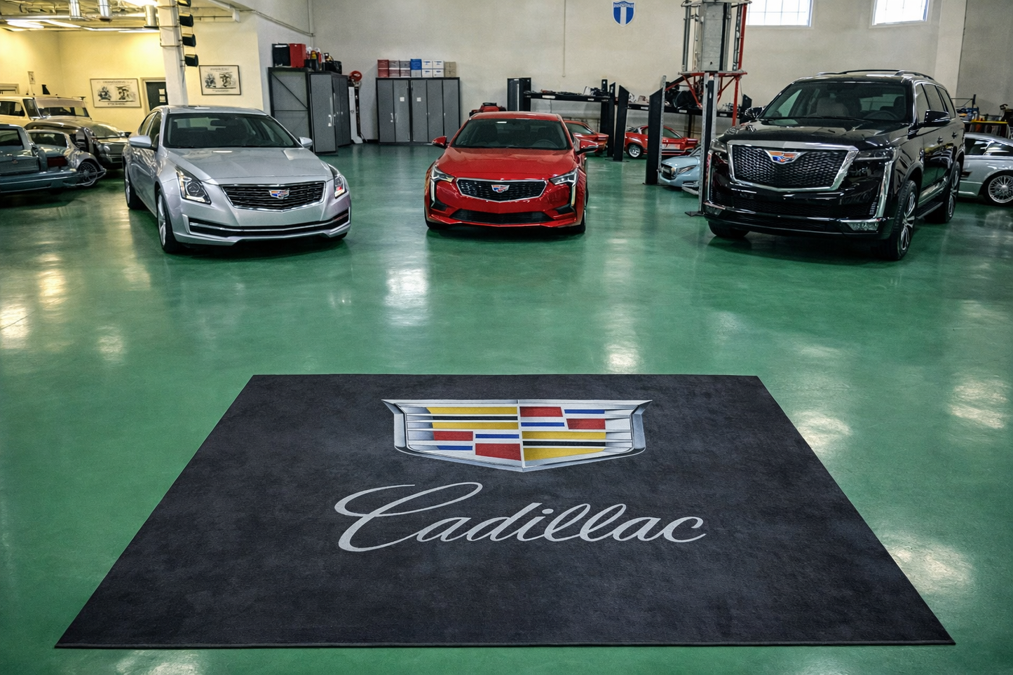 Cadillac Garagen Teppich 150×220 cm  Luxus Auto Teppich für Garage, Wohnzimmer & Showroom