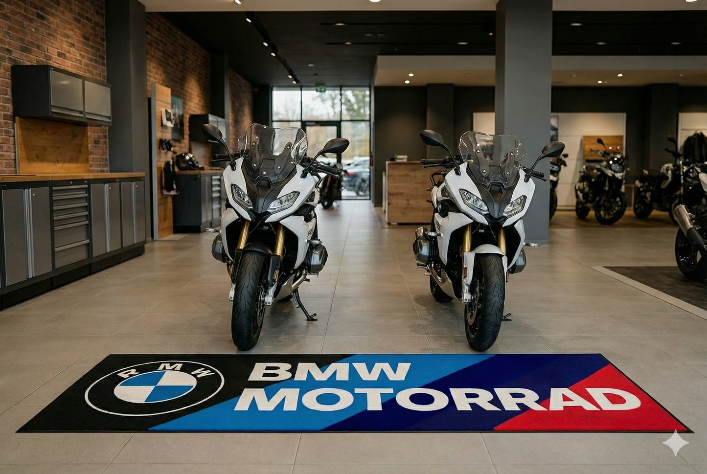 BMW Motorrad Garagen Teppich 75x220 cm (32x87 Zoll) – Premium Showroom Teppich & Wanddeko Racing Design