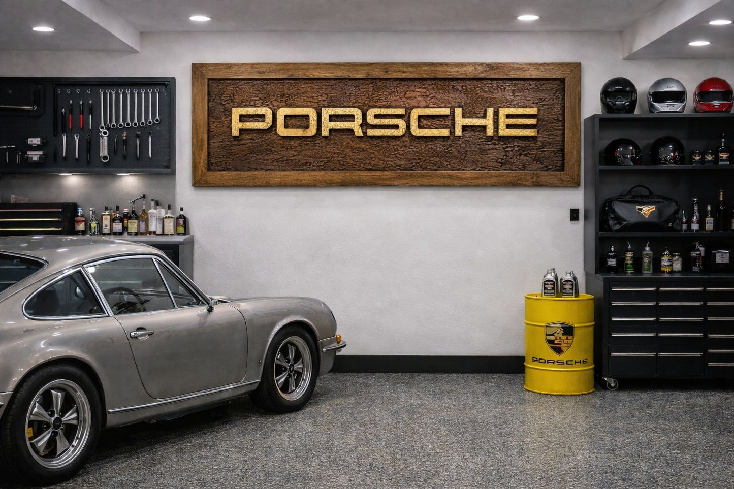 Handgeschnitzte Porsche Wanddekoration aus Massivholz – Luxus Garage Wall Art (150 × 70 cm)