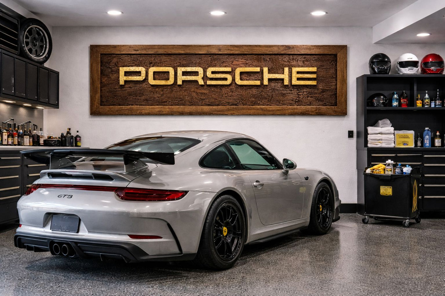 Handgeschnitzte Porsche Wanddekoration aus Massivholz – Luxus Garage Wall Art (150 × 70 cm)